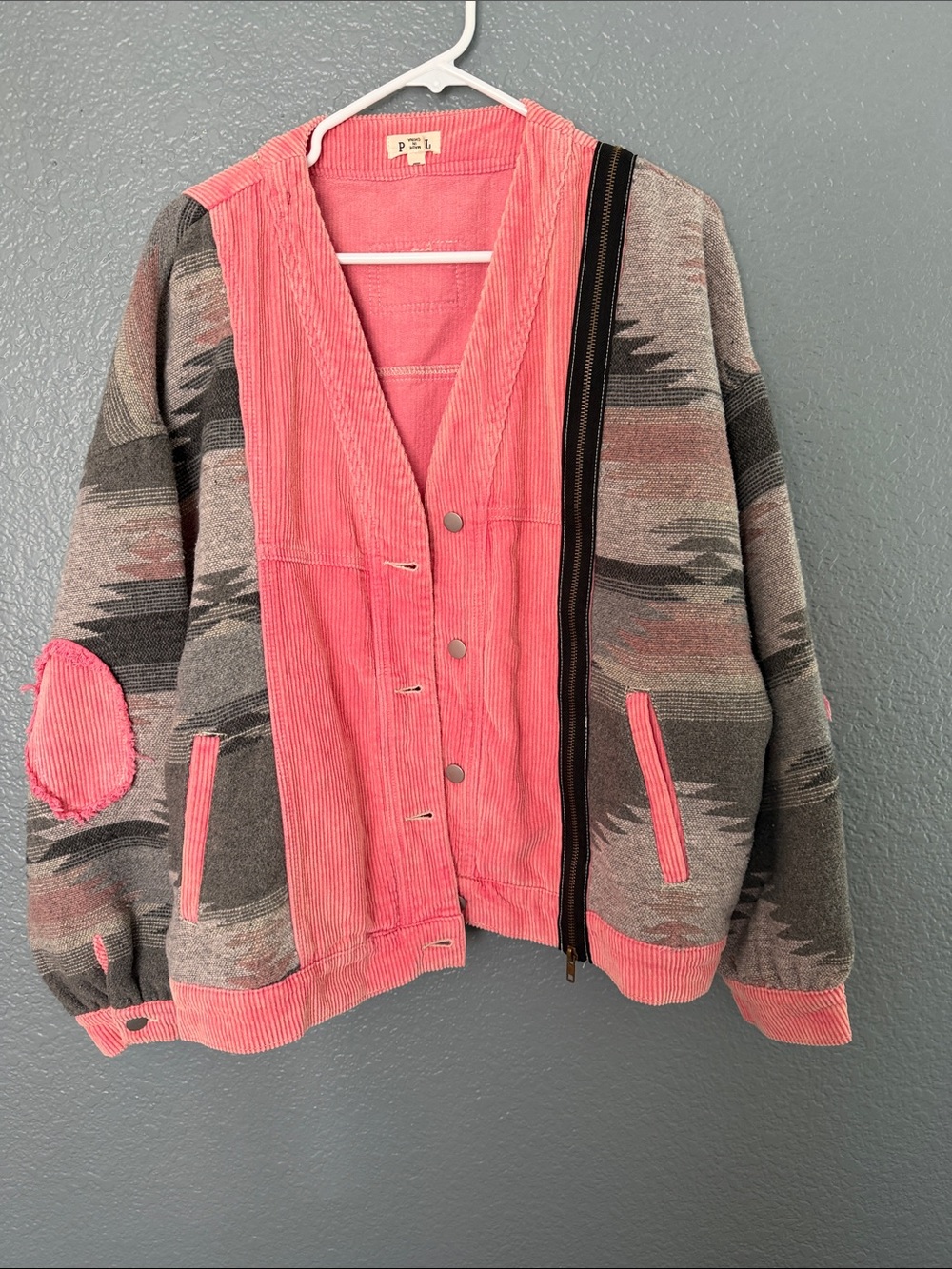 POL Pink Corduroy & Gray Patterned Bomber Jacket